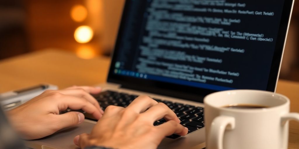Person typing on laptop, data analysis.