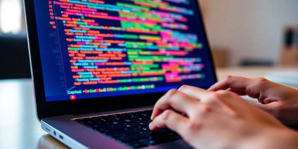 Laptop computer displaying colorful Python code.