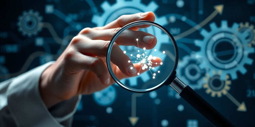 Businessperson, data, magnifying glass, gears, arrows