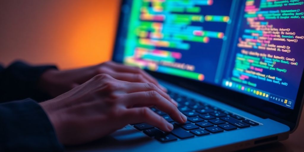 Laptop displaying colorful Python code, hands on keyboard.