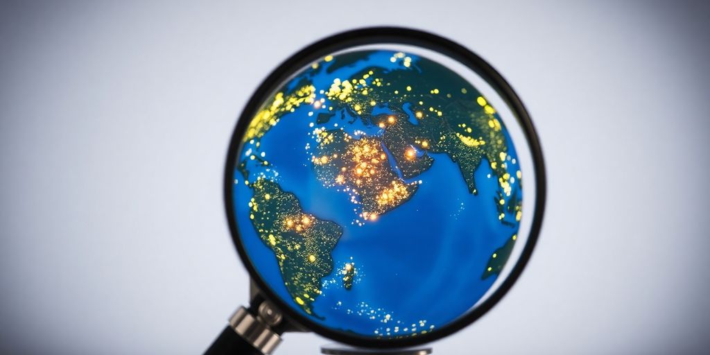 Magnifying glass over globe with data points