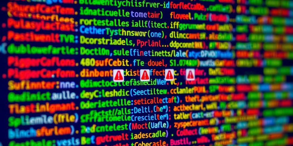 Colorful code snippets with bug icons.