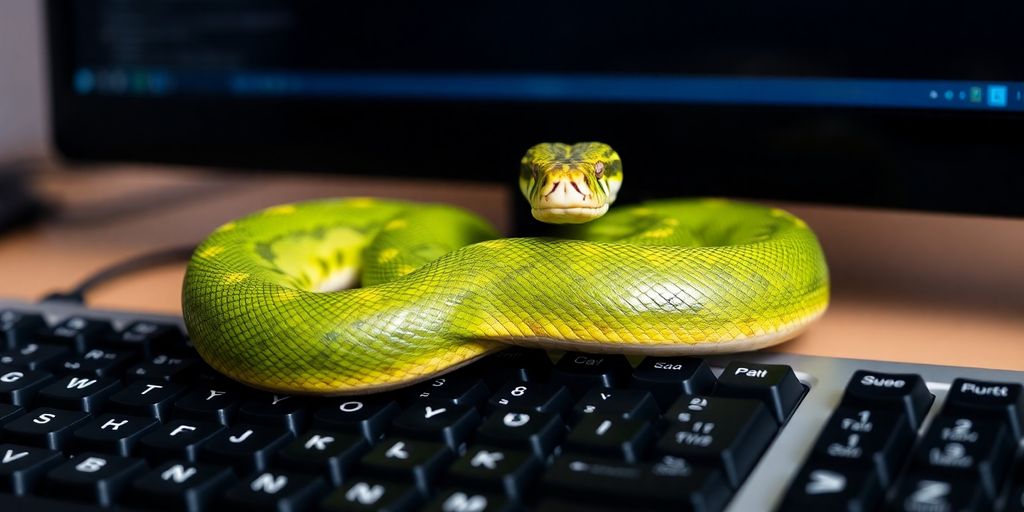 Python snake coiled around a keyboard.