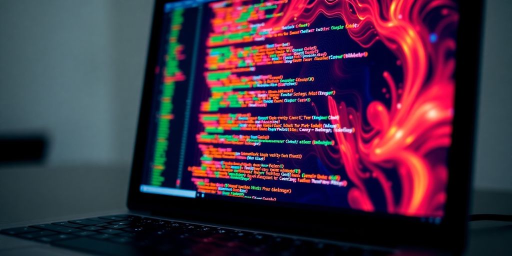 Data scientist using a laptop with colorful code.