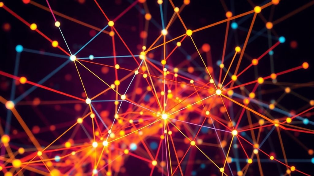Interconnected nodes and flowing lines forming a complex network.