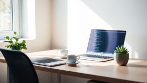 Laptop with Python code, coffee, and plant on desk