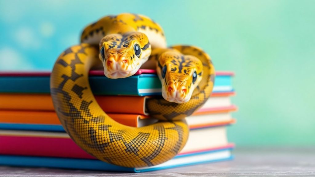 Friendly python coiled around colorful books.