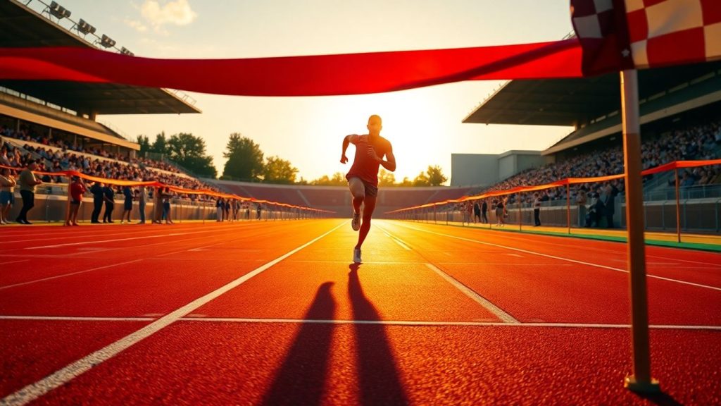 Runner breaks red ribbon on track at sunset, blurred crowd.