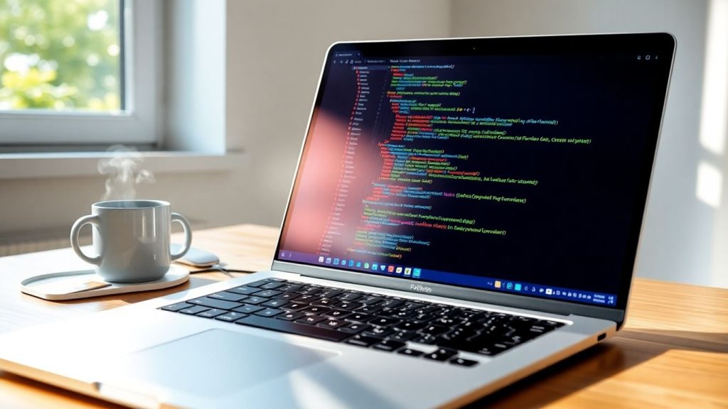Laptop screen with Python code, desk, keyboard, mug.