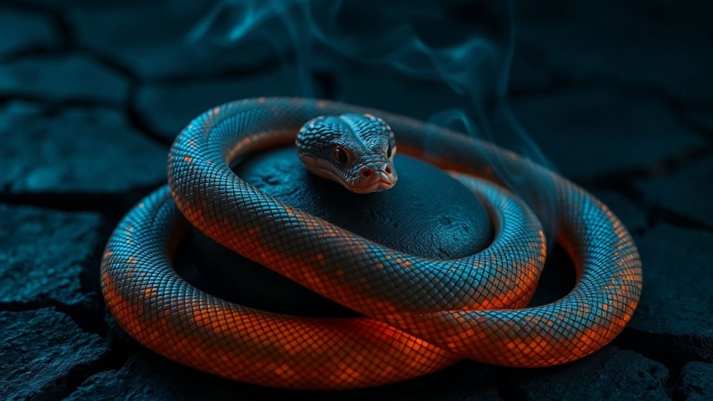 Python snake coiled around cracked stone