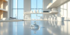 Pristine laboratory with water droplet on metal surface.