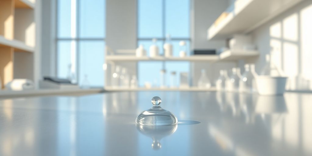 Pristine laboratory with water droplet on metal surface.