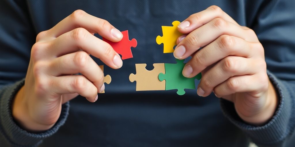 Hands assembling colorful puzzle pieces.