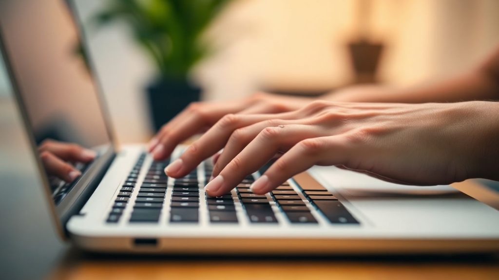 Hands typing on a laptop keyboard.